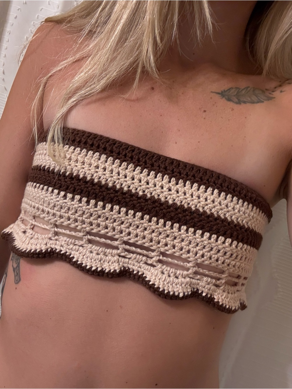 Handmade Crochet Bandeau Bikini Top in Cream and Brown